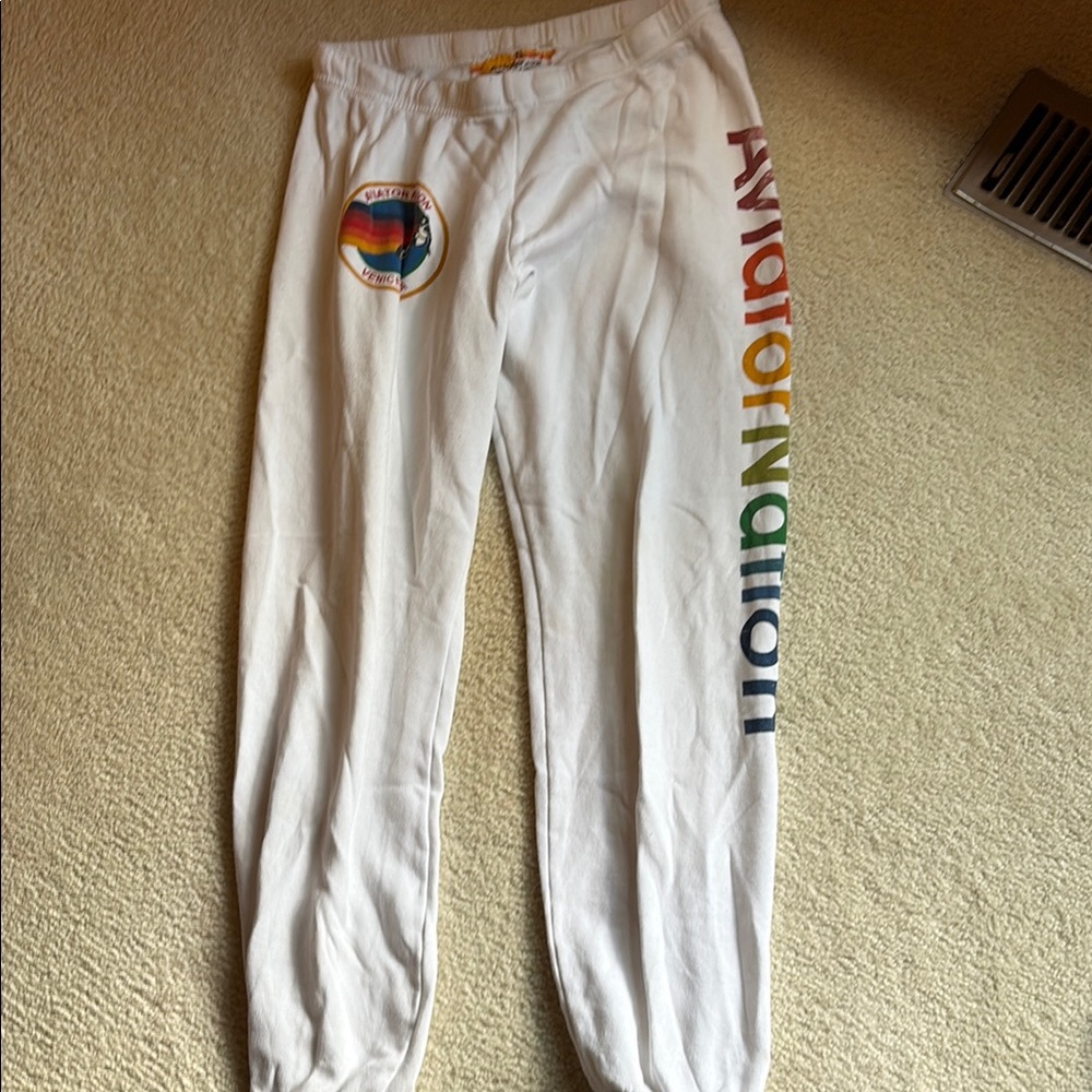 Aviator Nation White Sweatpants with Rainbow Logo